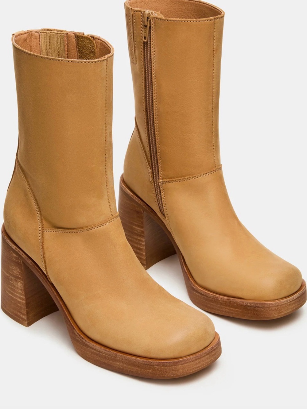 Steve Madden Tan Leather Mid-Calf Block Heel Boots - Women's